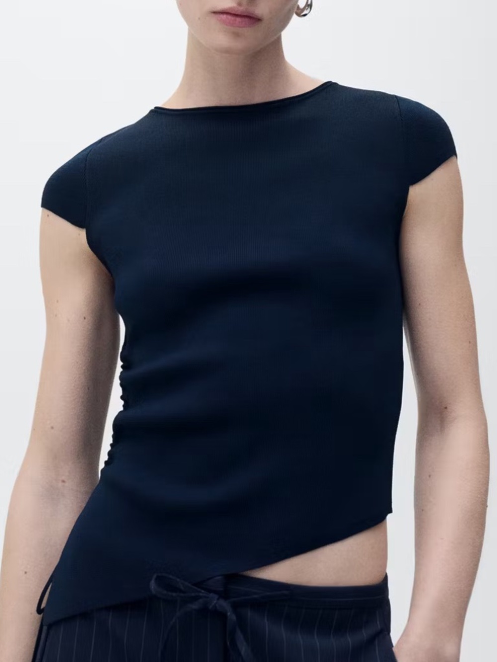Mango Navy Knitted Top with Asymmetric Hem